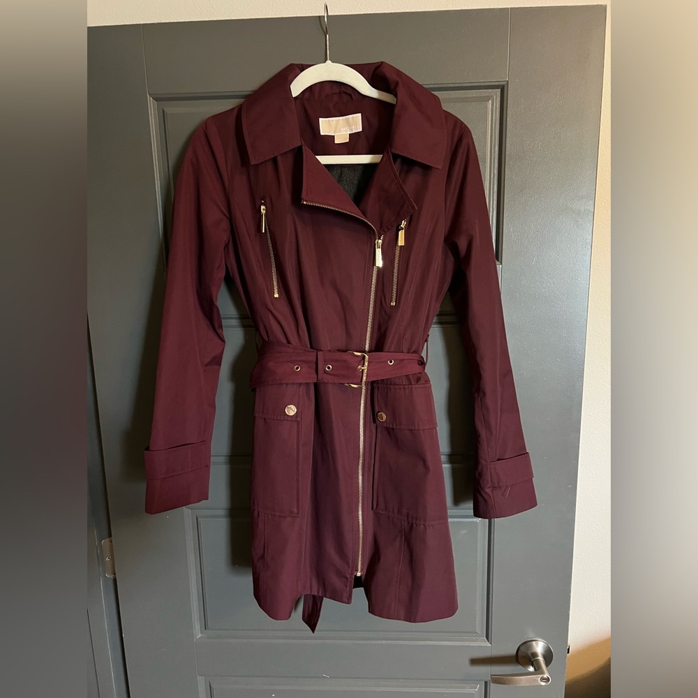 Women's Burgundy Belted Hooded Trench Coat